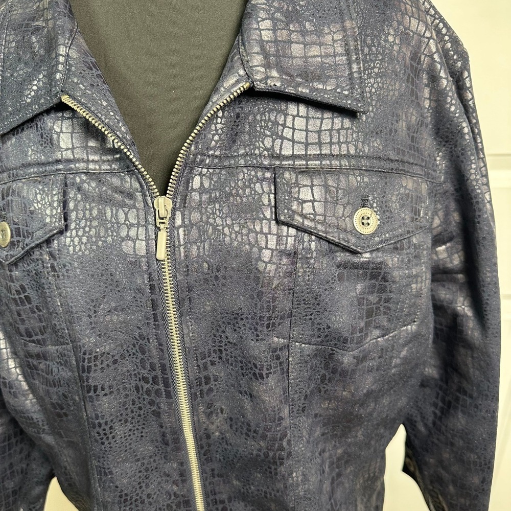 Ruby Rd Womens Dark Blue Faux Snakeskin Zip Up Jacket Size Plus - Picture 2 of 10